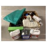 Painting supplies, tarp, vintage phones, cleaner