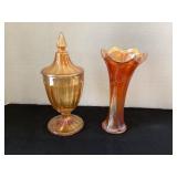 Carnival Glass Covered Dish & 8' vase