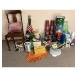 Antique chair,vintage place mats, dishes, tins,
