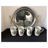 MCM 13 1/2' Tray & 4 Royal Crown Bird Mugs