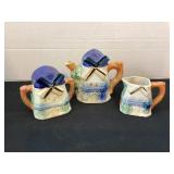 Windmill teapot, creamer & sugar