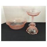 Pink depression glass bowl, candle stick &