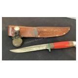 Western 8" knife, leather sheath, broken Marbles