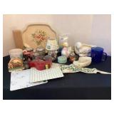 Geese, ducks, trivets, vintage dresser bottles,