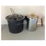 Enameled covered pot & vintage coffee pot