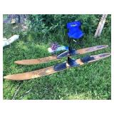 Wood Cascade water skis, rope & child