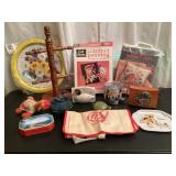 Wood mug tree, tins, swan covered dish, Koolaid
