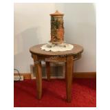 Small wood stand, candle & doily