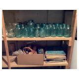 Shelf of blue Ball jars, records & baskets