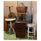 Plant stands, stool, small table, picnic basket &