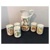 Vintage ceramic pitcher & 5 3 1/2" tall cups
