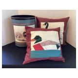 Metal Duck Trash Can & 2 Quilted Pillows