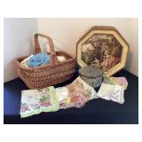 Vintage tins, handkerchiefs, doilies & basket