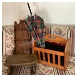 Magazine holder, rocking stool, spoon rack,