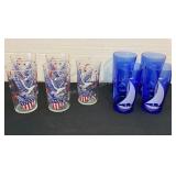 9 vintage 5" glasses; eagles & sailboats