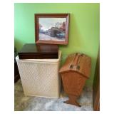 Oak sewing stand, jewelry chest, picture & hamper