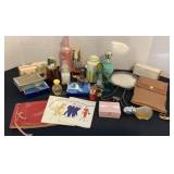 Vintage perfume bottles, Avon jewelry, mirror a