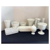 11 pieces of milk glass; vases, planters,