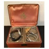 Jewelry Box & Contents; watches, earrings, pins &