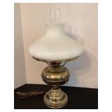 21' Brass hurricane lamp with milk glass shade