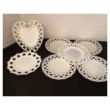 7 milk glass open lace edge plates