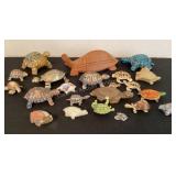 Turtle collection; Wades, carved stone, metal,