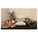 Blue Onion dishes, cast iron oil lamp holder,
