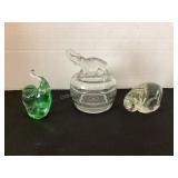 Covered elephant dish & 2 glass elephants