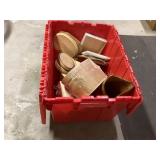 Tote of wood crafting items