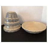 Roseville Spongeware mixing bowls & 12' pasta bowl