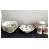 5 berry bowls, Nippon handled dish, sugar bowl &