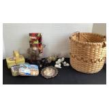 Basket, animal figurines, cards, Hong Kong tin