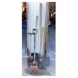 Rakes, shovels, weed whip, planter, post; 8 items