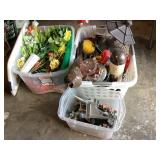 Totes of flowers, sprinklers, birdfeeders & more