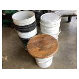 5 gallon buckets, one with wood top for seat