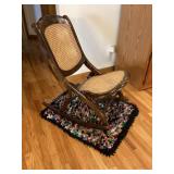 Antique folding sewing rocker & hand made rug