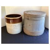 2 gallon crock & wood furkin