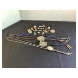 Bolo ties, money clip & vintage pins