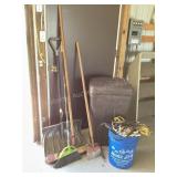 Trash can, brooms, edger, rope & bungees