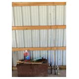 Wood box, fishing poles, pie irons, RV & Marine