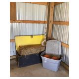 Wood box, hay bale, tote of balls, net skimmer