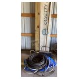 Broom, 3 tarps, drip irrigation hoses & hose
