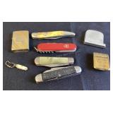 Knives, Zippo lighter, vintage match holder &