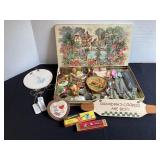 Vintage tin of souvenir spoons, pins, harmonica,