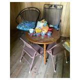 2 iron patio chairs, kids table & chairs, misc.