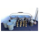 Metal buckets, wire basket, brass nozzles, oilers