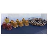 Amber & red votive holders with metal basket
