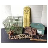 2 wire baskets, cast iron wall hook, old hanger,