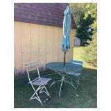Patio table, umbrella & folding chairs