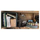 Books, cross stocking holder, paints, knives &